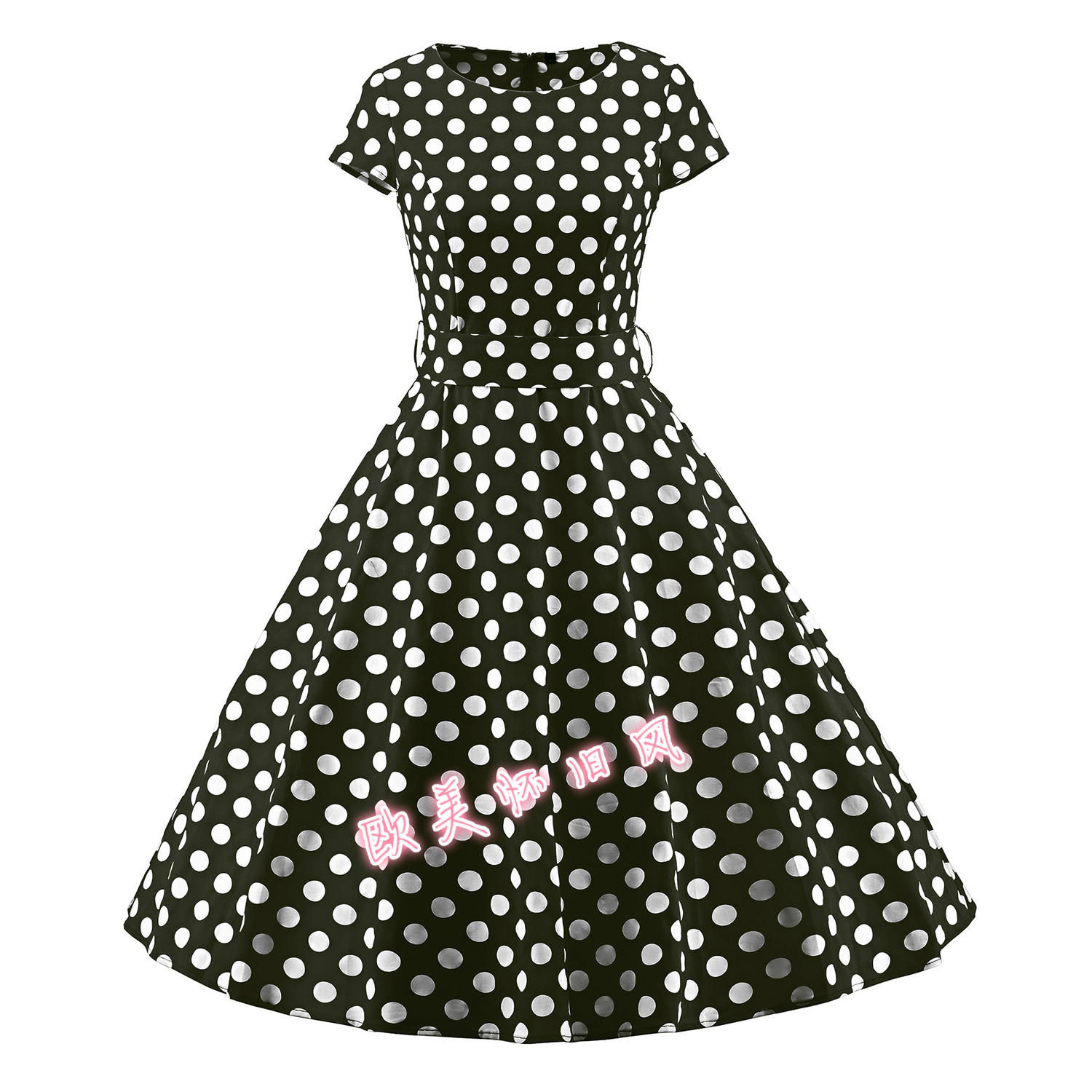 Mới ngắn- tay màu đỏ và trắng lớn sóng váy váy mỏng mỏng retro Hepburn váy đầm lớn xoay váy dài để gửi vành đai đầm hoa nhí