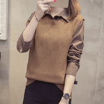 Fat sister early spring large size womens clothing loose and thin fashion fake two-piece shirt 200 catties fat mm sweater women