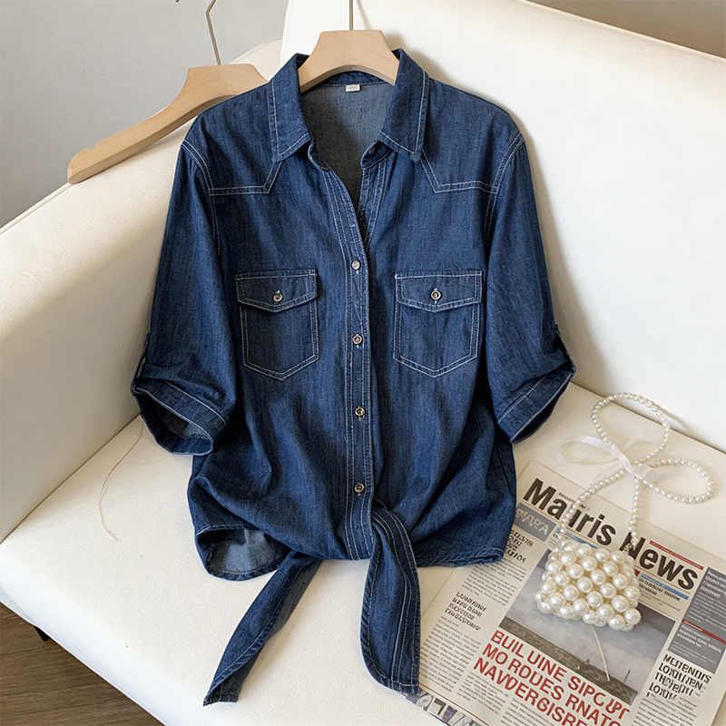 Plus Size 2026 Summer New Women's Style Three-Quarter Sleeve Denim Shawl Versatile Tie-Up Sun Protection Shirt Outerwear Short Shirt