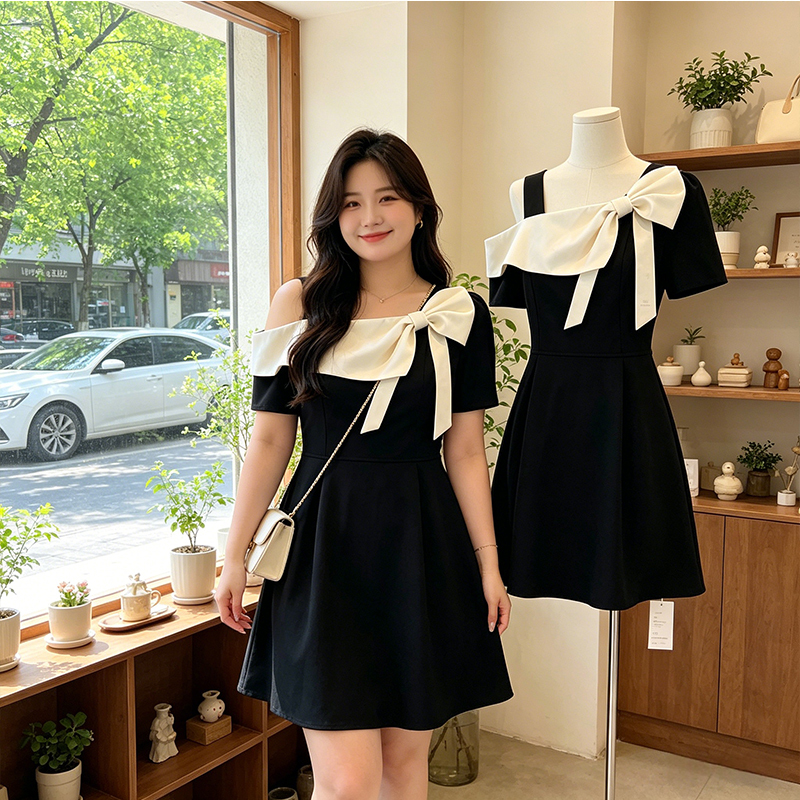 2026 Summer New Plus-Size Women's Fashion, Designer-Inspired Chanel-Style Bowknot Off-Shoulder Waist-Cinching Slimming Dress 2026 Summer New Plus-Size Women's Fashion, Designer-Inspired Chanel-Style Bowknot Off-Shoulder Waist-Cinching Slimming Dress