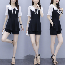 Plus size womens clothing 2023 summer new fashion suit doll collar top slim casual shorts two-piece trendy