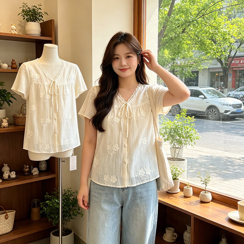 Plus-Size Lace Trim V-Neck Short-Sleeve Base Shirt for Women, Summer Design with Floral Embroidery, Slimming Effect for Curvy Figures