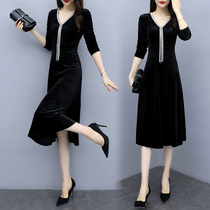 Fat sister plus-size womens clothing 2022 autumn new retro slim gold velvet long-sleeved mid-length dress women