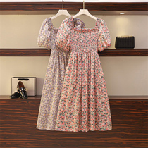 Large size womens floral skirt 2023 summer new fat sister chiffon waist slimming mid-length dress