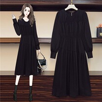 Plus size womens spring 2023 new fat mm retro long-sleeved loose black slim round neck dress