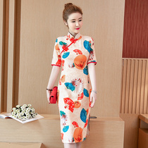 2023 spring and summer improved version of large size cheongsam fashion Chinese style retro celebrity girl sweet dress for age reduction