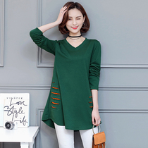 2023 new large size early spring top long-sleeved T-shirt womens fat MM loose Korean version of the mid-length belly-covering bottoming shirt