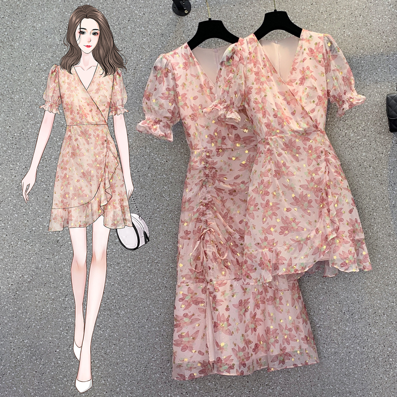 Plus Size Women's Clothing 2026 New Summer Chiffon Floral V-Neck Elegant Slimming Fishtail Dress for Chubby Girls Plus Size Women's Clothing 2026 New Summer Chiffon Floral V-Neck Elegant Slimming Fishtail Dress for Chubby Girls