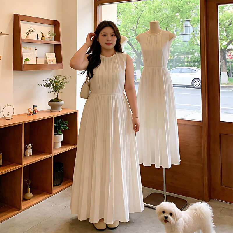 Plus-Size Gentle Style Pleated Sleeveless Round-Neck Exquisite Dress for Women 2026 Summer New High-Waisted Slimming Pleated Skirt