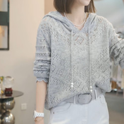Plus Size Gray Cut Out Thin Knitted Hoodie for Women 2025 Early Autum New Loose and Versatile Long-Sleeved Top