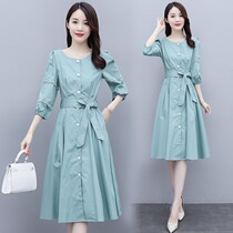 2023 early spring new plus-size womens clothing fat mm mid-length three-quarter sleeves round neck waist tie slimming dress