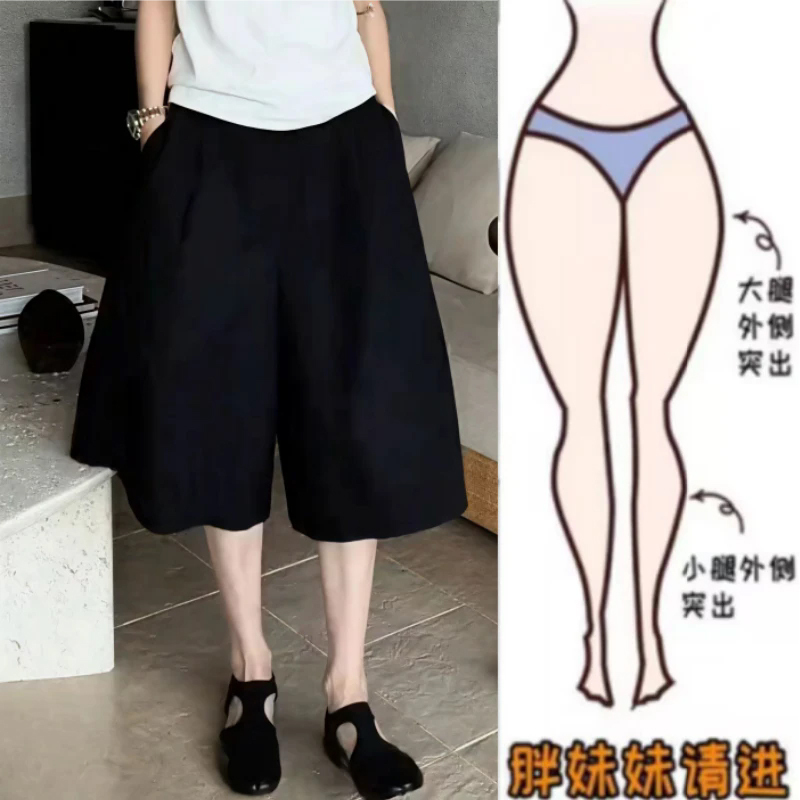 Plus-Size Black Loose-Fitting Versatile Slimming Mid-Length Pants for Women, 2026 Summer New Style, Age-Reducing Korean-Style Wide-Leg Cropped Pants