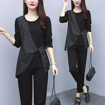Autumn womens clothing 2021 new fit crotch thigh thick suit female foreign style large size striped stitching thin two-piece set