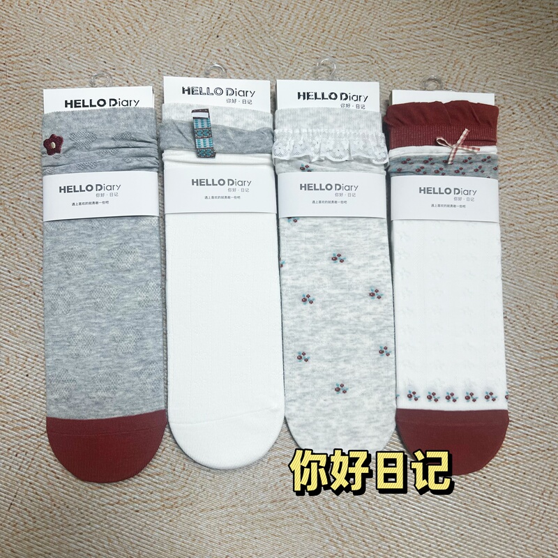 Hello Diary Hello Diray2026 New Spring Style Women's Socks Sweet Bowknot Mid-Calf Socks Cotton Socks