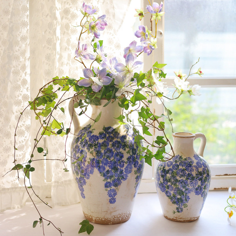 New Chinese hand painted retro Jingdezhen Qinghua Porcelain Vase Pendulum high level Sensation Living Room Flower Arrangement Emulation Flower Small-caliber-Taobao