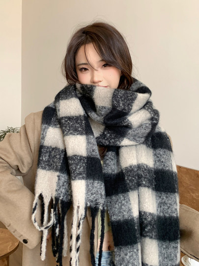 2025 New Black and White Plaid Scarf for Women, Winter Korean Style Versatile Checkerboard Shawl, Dual-Use Warm Tassel Scarf