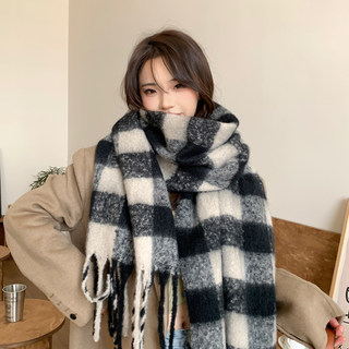 2025 New Black and White Plaid Scarf for Women, Winter Korean Style Versatile Checkerboard Shawl, Dual-Use Warm Tassel Neck Scarf