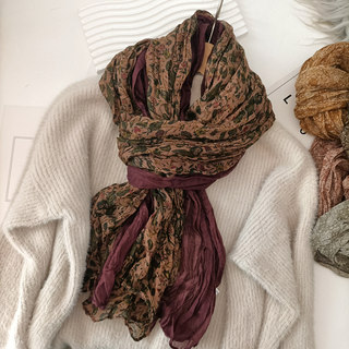 2025 New Spring and Autumn Retro Artistic Floral Scarf for Women, Color-Blocking Ethnic Style Cotton and Linen Feel Silk Scarf, Long Shawl