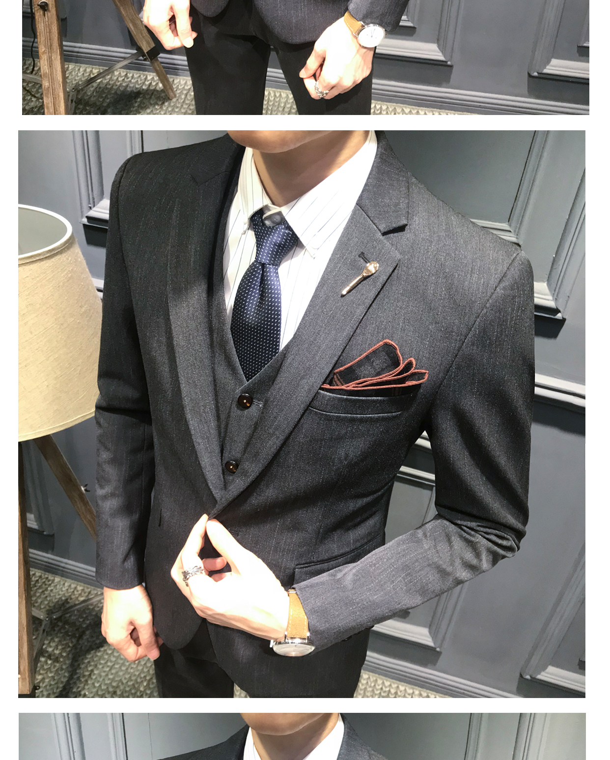 Bộ đồ mùa thu đông phù hợp với xu hướng đẹp trai ba mảnh bộ vest nam trẻ trung