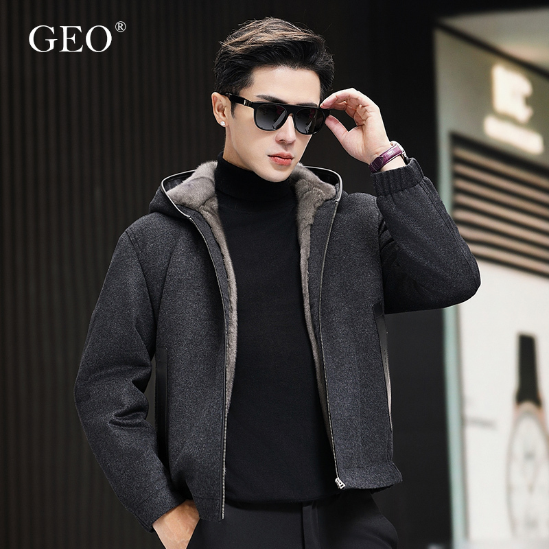Mink Woolen Coat for Men with Mink Lining, Hooded Short Casual Fur Integrated Jacket, Winter Fur Parka