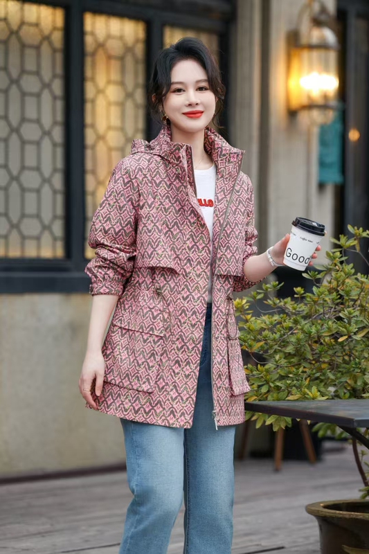 2026 Spring and Autumn New Outdoor Windbreaker Women's Fashion Printed Casual Plus Size Stand Collar Drawstring Cardigan Windbreaker