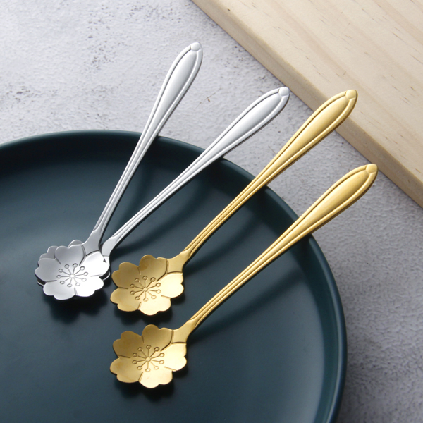 Teenage Girl Hearts Style Cherry Blossom Coffee Spoon Stainless Steel Small Spoon Petal Cup Spoon Cute Sweet Milk Tea Stirring Spoon