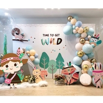Baby hundred day feast layout decoration background wall jungle theme birthday dessert table background Indian forest animals