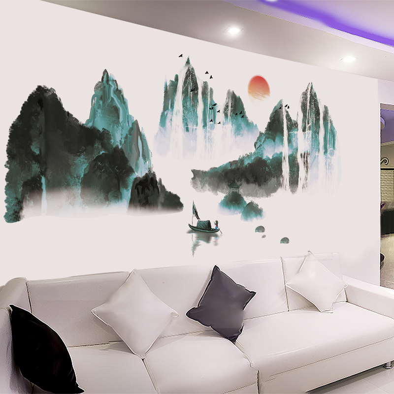 New year layout decoration wallpaper self-adhesive bedroom Chinese style wallpaper living room wall stickers Lake mountain wall stickers