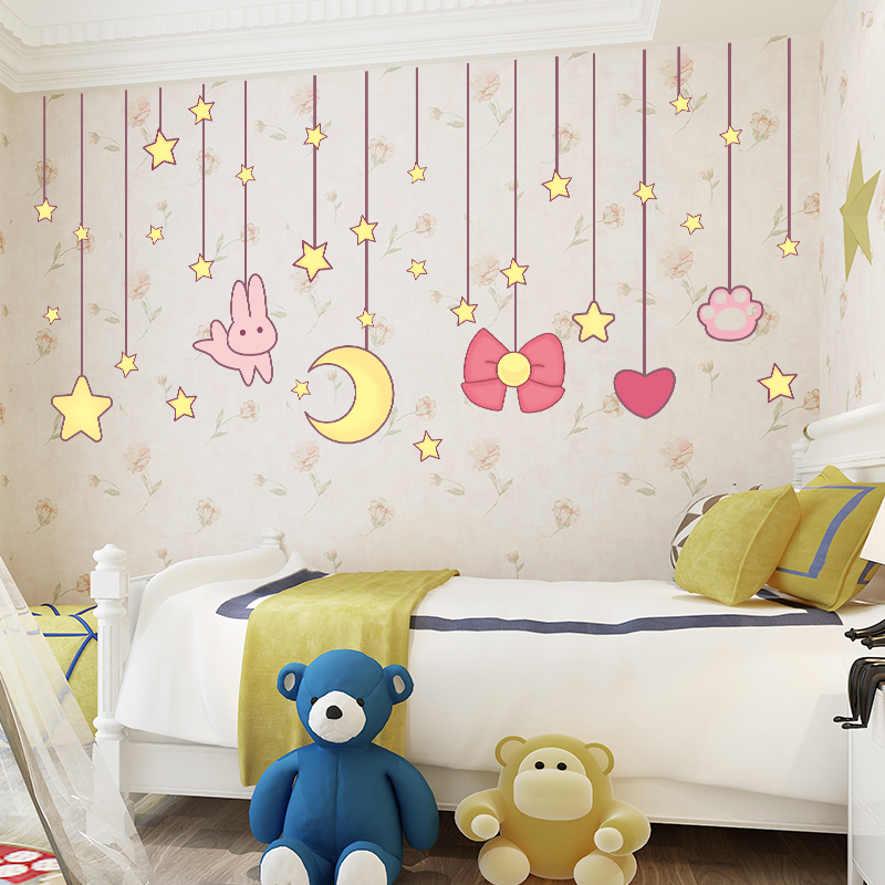 Cute star hanging chandelier wall stickers girl heart pink princess room decoration wall arrangement stickers self-adhesive