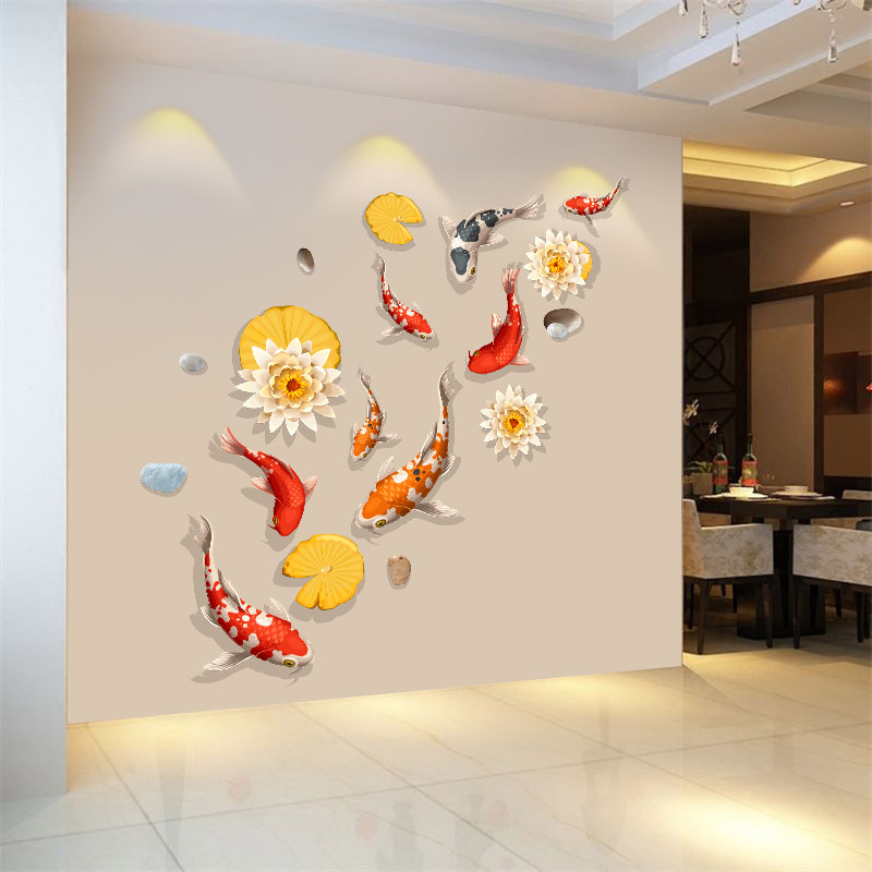 China Wind Brocade Carp 3D Solid Wall Sticker self-adhesive wallpaper Living room wall Adornment Bedrooms Genguan Wall Stickers