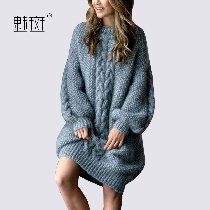 Live streaming lazy style pullover mid length thickened sweater skirt autumn winter thickened hemp loose dress