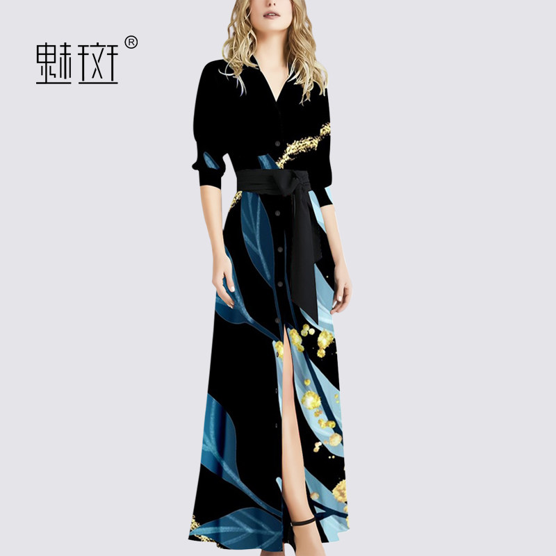 Charm spot temperament print cold series premium polo dress 2022 autumn new slim A-line long skirt
