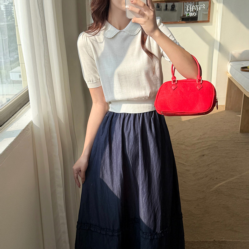 Summer Knitted Top for Women, White, High-End, Versatile, Doll Collar, Waist-Cinching, Slimming, Short, Fitted, Short-Sleeved T-Shirt Summer Knitted Top for Women, White, High-End, Versatile, Doll Collar, Waist-Cinching, Slimming, Short, Fitted, Short-Sleeved T-Shirt