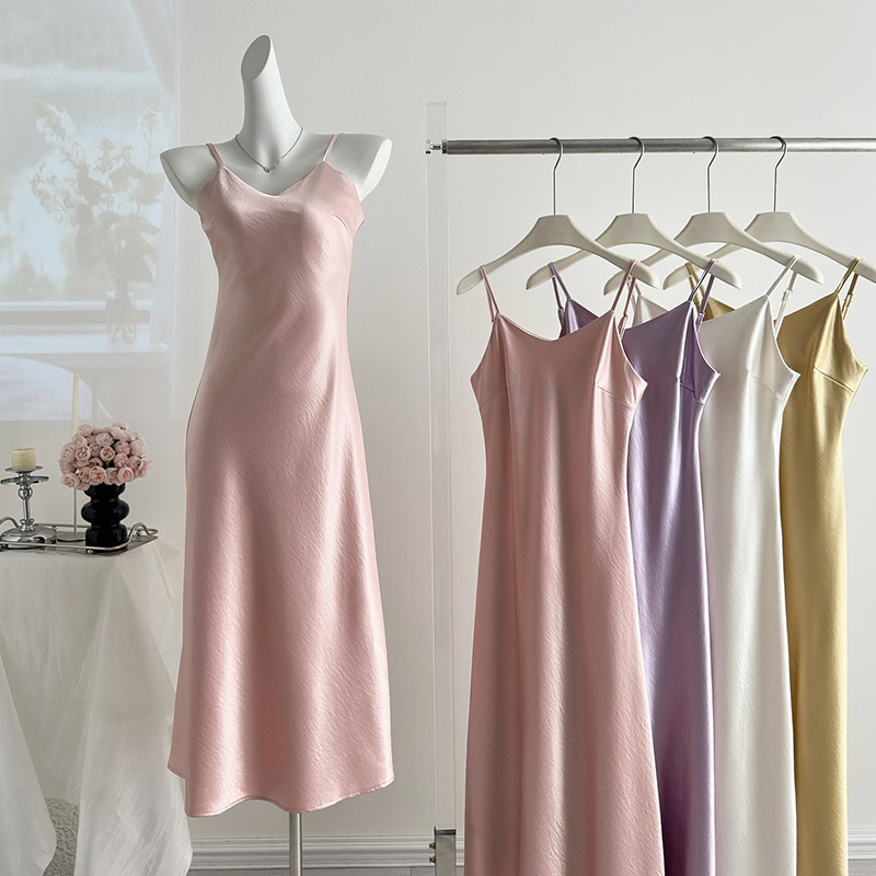 Vintage High-End Acetate Satin Dress Summer New Chinese Style Slim Fit Slimming Strap Dress for Women