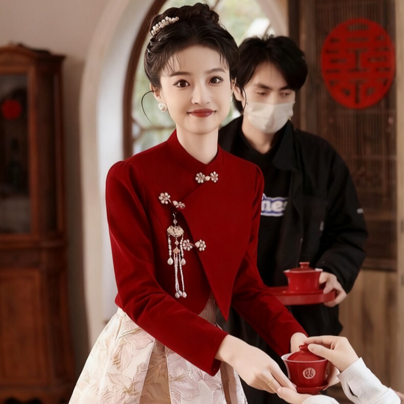 Autumn and Winter Bride's Wedding Red Festive Dress, Chinese-Style Jacket Paired with Dress Set, High-End Elegant Toast Attire
