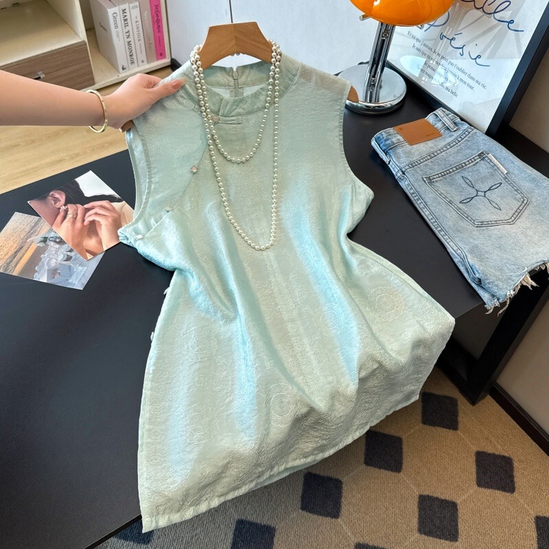 New Chinese-Style Improved Cheongsam Sleeveless Top Vest for Women, Summer Vintage Lightweight Mid-Length Blue Shirt