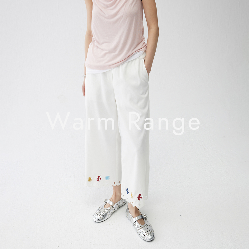Warm Range Elastic Waist Hollow Lace White Cropped Pants Summer Fun Colorful Embroidery Casual Pants for Women
