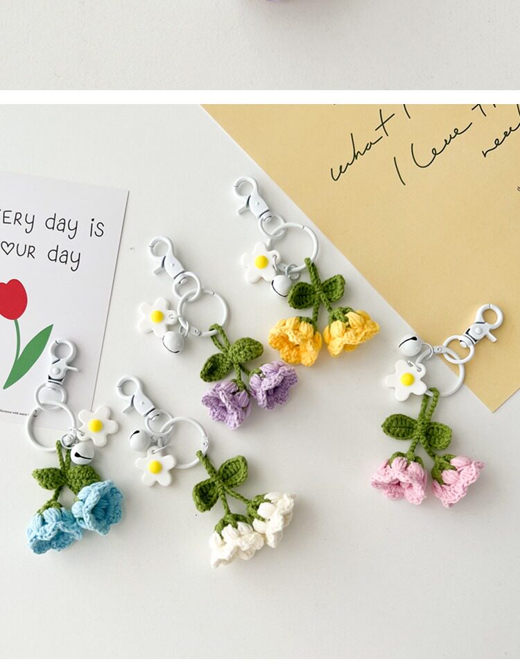 Брелок 兰铃花手工编织钥匙圈 毛线钩针挂饰 永生花小兔子造型饰品 女款花朵造型配件