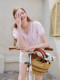 Xiangying French-neck puff sleeve shirt women's summer 2026 new taro purple sleeved short-sleeved top suspender set two-pieces