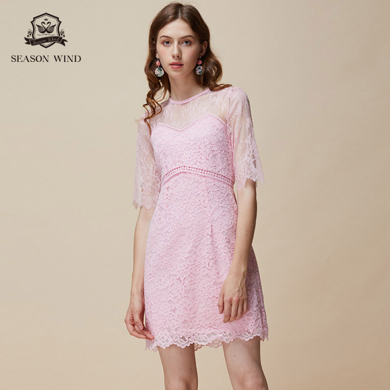 季候风 圆领纯色高腰中袖 蕾丝连衣裙 天猫优惠券折后￥328包邮（￥478-150）2色可选