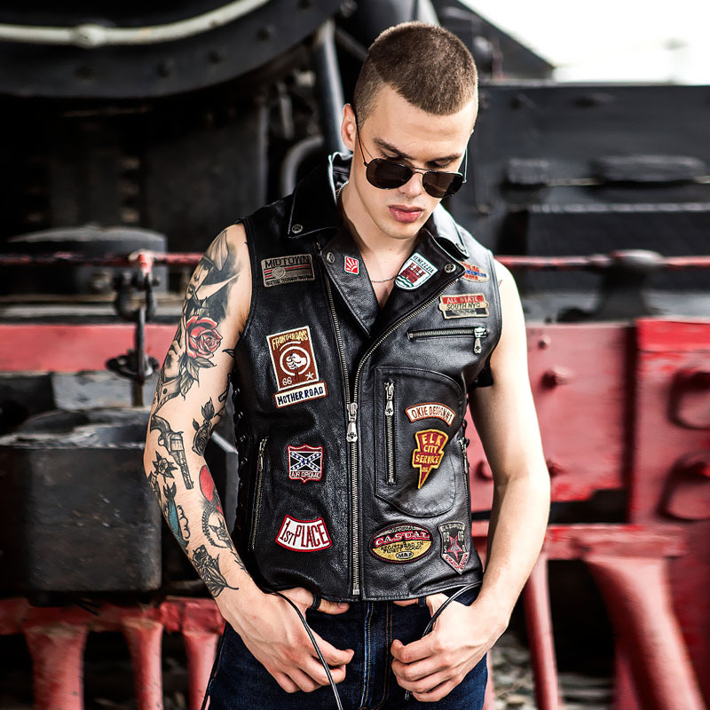 2019 Genuine Leather Vest Men's First-Layer Cowhide Leather Jacket Multi-Standard Badge Embroidered Harley Fan Car Diagonal Zipper Waistcoat