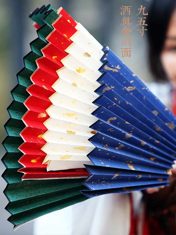 Shanyue's new 95-inch 16-file 18-square sprinkled real gold ultra-thin rice paper text play folding fan accessories Suzhou craft fan surface