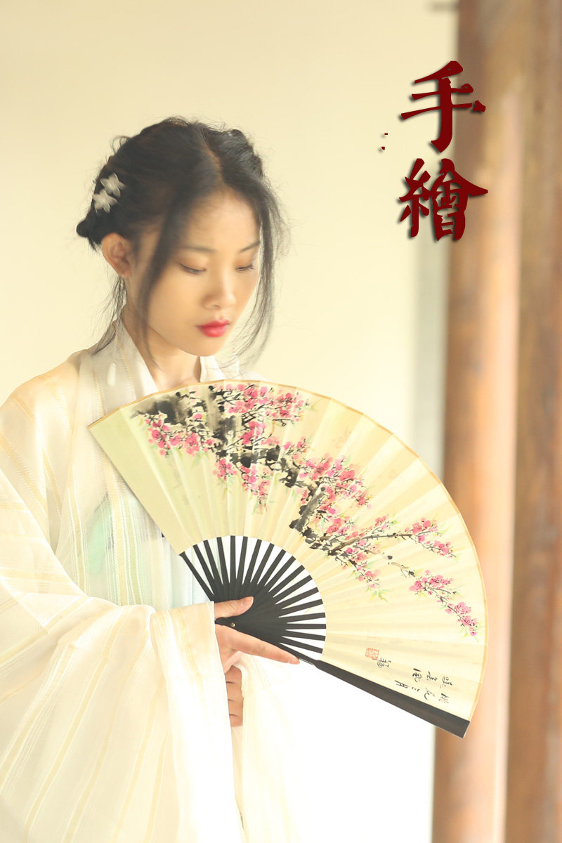 Mountain China Ancient wind to figure hand-painted private custom Xuan paper Plum Blossom Live Drawing Unfolds Fan's Accessories Hanfu