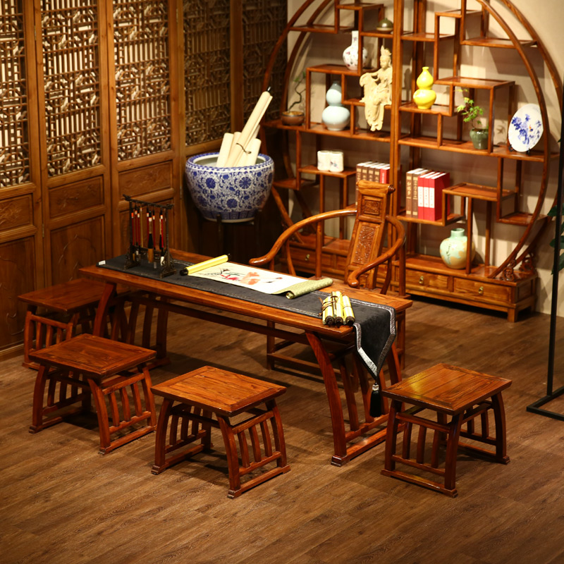 Yi Family Solid Wood Book Table And Chairs Combination Bookcase Bookcase Painting Desk Bookshelf Imitation Ancient Chinese Furniture South Elm Wood Bou Rack