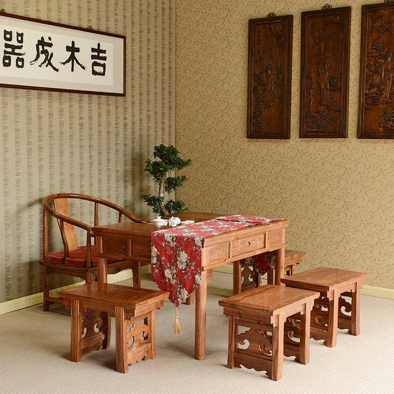Pleasant Family Tribe Solid Wood Tea Table And Chairs Combine Antique Furniture Chinese Vintage Tea Table Ming-Qing South Yulin Tea Art Table