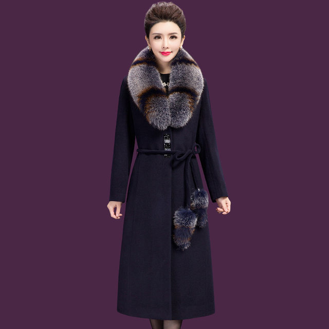 Fox fur collar cashmere coat women's mid-length mother's wear thick plus size over the knee long woolen jacket