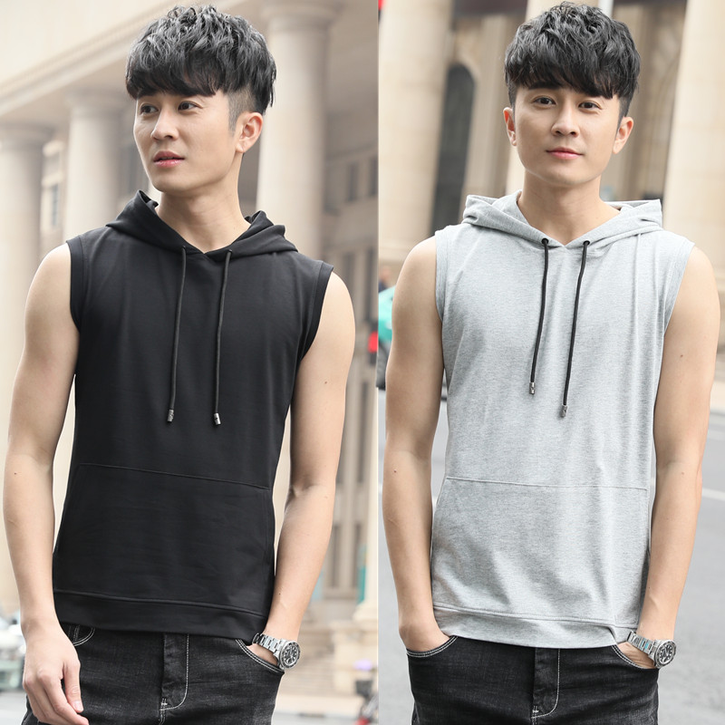 Sports slim sleeveless hooded sweater men's casual wide shoulder strap cap vest men's trendy summer cotton outerwear sleeveless t-shirt