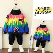 Boy plus velvet suit set 2021 new children golden velvet autumn winter two-piece baby half high collar foreign gas