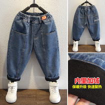 Boys jeans plus velvet thickened 2021 new childrens foreign style autumn and winter small children treasure Net red pants tide