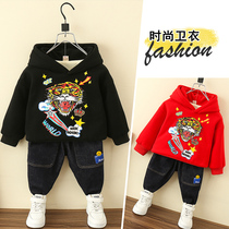 Boy hooded sweater plus velvet thickened autumn and winter clothes 2021 new small children Foreign style base shirt Children Baby tide